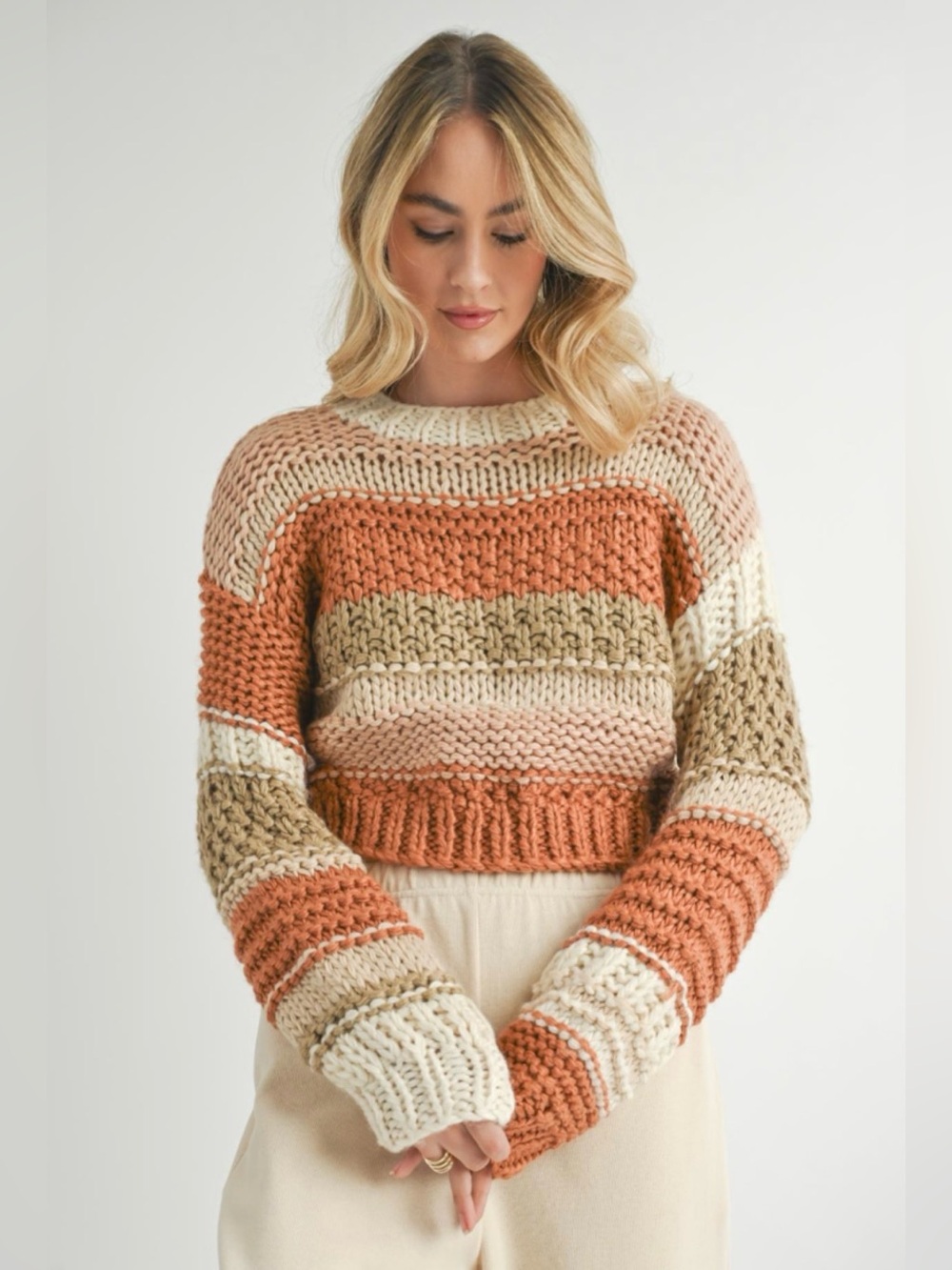 SADIE & SAGE Striped Chunky Knit Cropped Sweater in Cream, Rust & Beige
